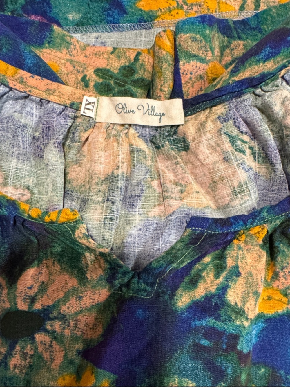 Printed Short-Sleeve Peasant Blouse in Blue, Green & Yellow - Picture 7 of 7